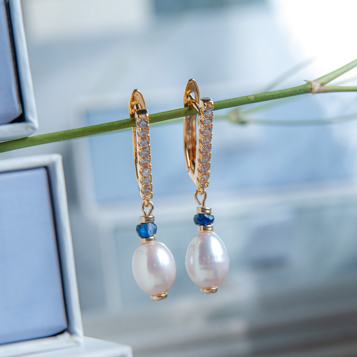 G עגילי פנינה עם ספיר