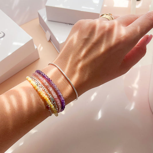 צמיד 3 שורות רוז קוורץ | אמטיסט | אופל צהוב