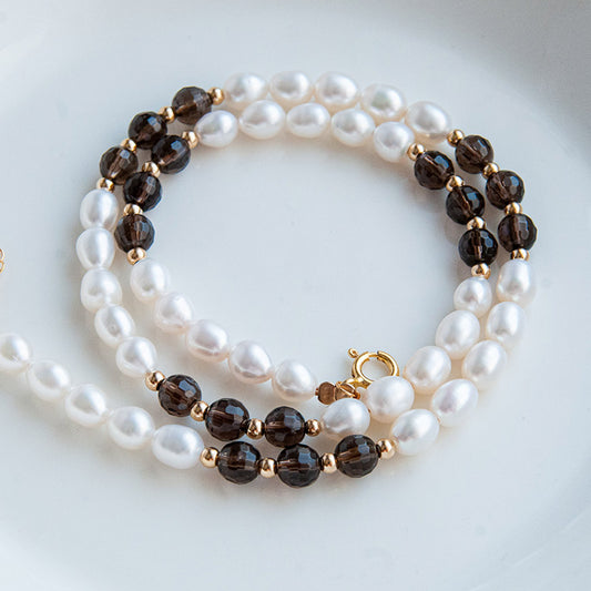 S SHARON שרשרת פנינים בשילוב אבני סמוקי