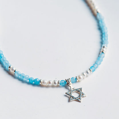 S שרשרת אבני אקוומרין עם מגן דוד