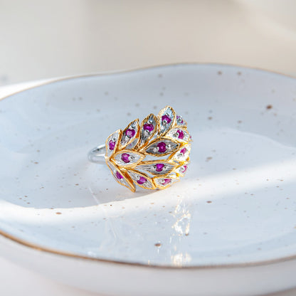 טבעת כסף טהור עלמה עם אבני רובי