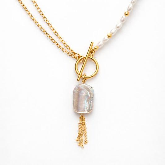 שרשרת "ג'יפסי" גולד עם פנינים ותליון פנינה מרובעת