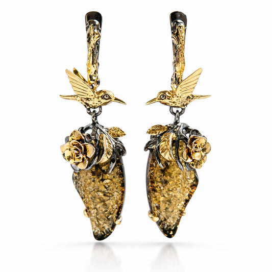 עגילי כסף צוף עם ענבר ירוק בעבודת יד