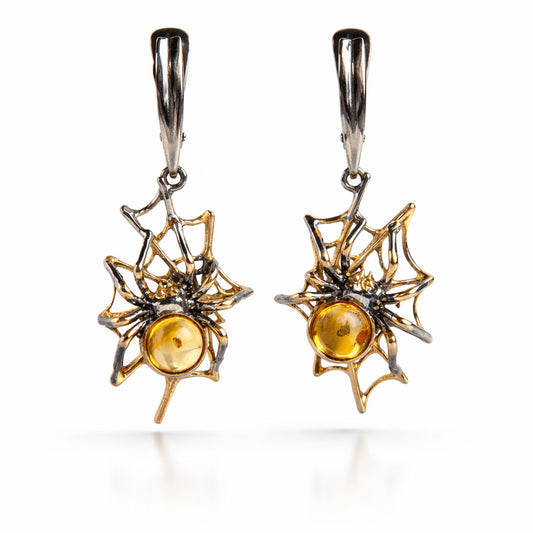 עגילי כסף עם ענבר צהוב "ספיידי" בעבודת יד