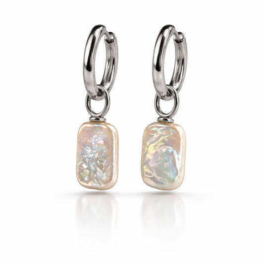 SILVER עגילי חישוק ג'יפסי עם פנינה מרובעת