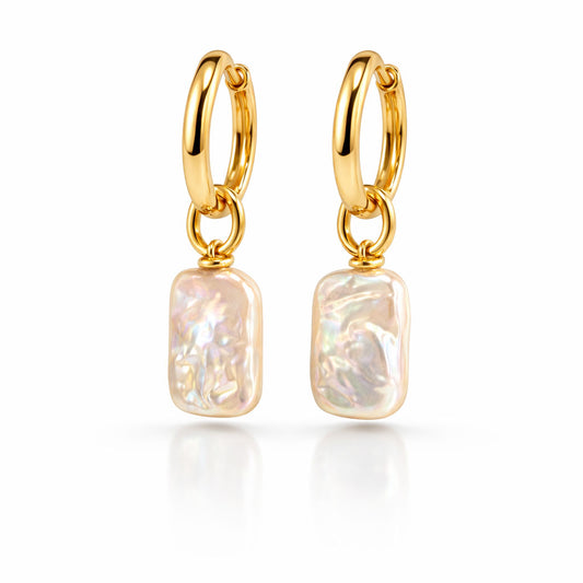 GOLD עגילי חישוק ג'יפסי עם פנינה מרובעת