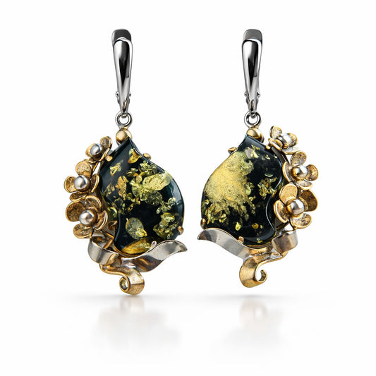 עגילי כסף "חן" עם ענבר ירוק בעבודת יד