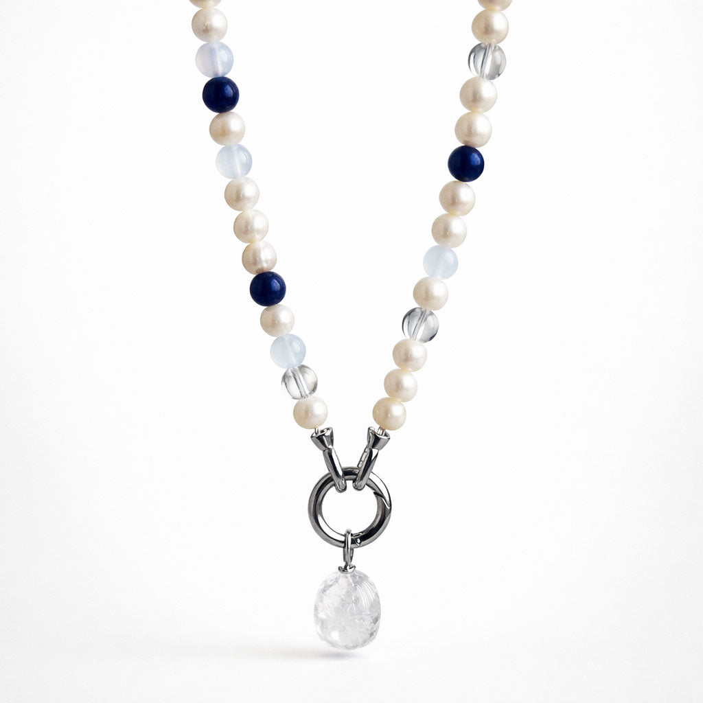 שרשרת פנינים עם אבני אגת ותליון קריסטל קוורץ