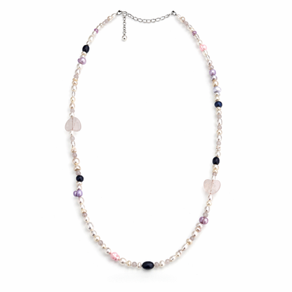 ARI שרשרת פנינים עם לב רוז קוורץ