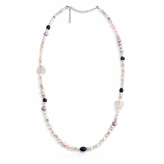 ARI שרשרת פנינים עם לב רוז קוורץ