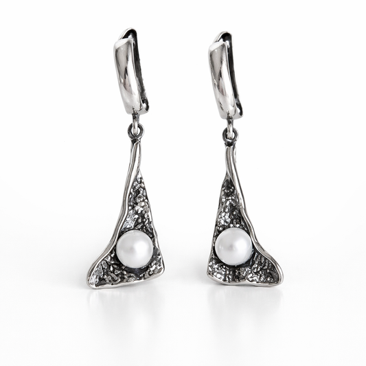 עגילי כסף עם פנינה לבנה רום