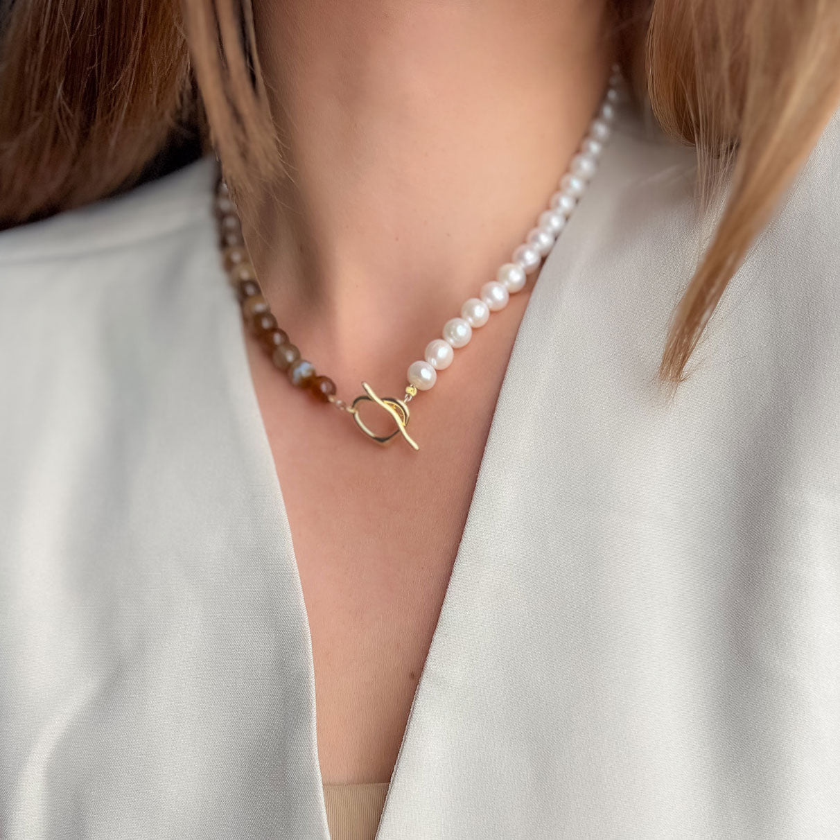 שרשרת ליה חצי־חצי אגת ופנינים