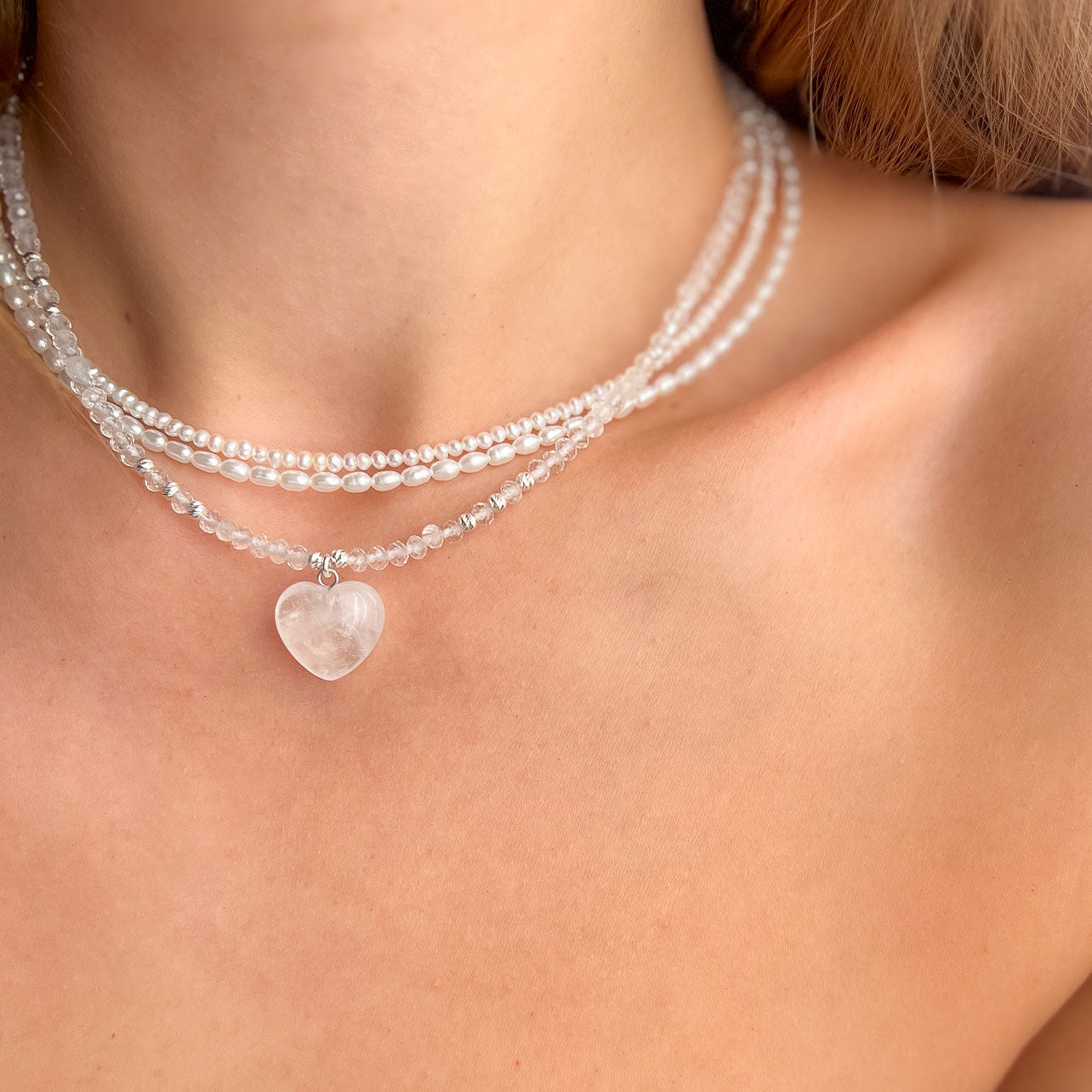 שרשרת אבני קריסטל קוורץ עם תליון לב