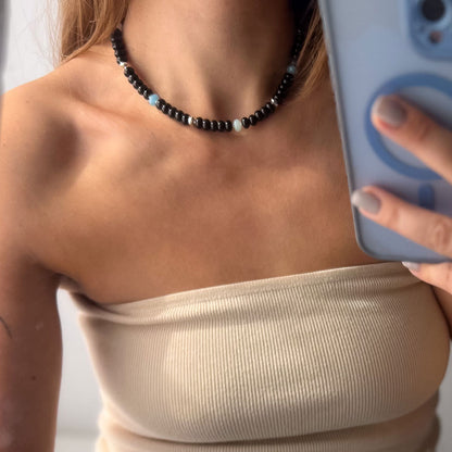 שרשרת לורן גדולה מאבני אוניקס שחור בכסף