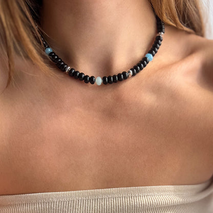 שרשרת לורן גדולה מאבני אוניקס שחור בכסף