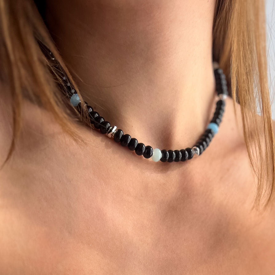 שרשרת לורן גדולה מאבני אוניקס שחור בכסף