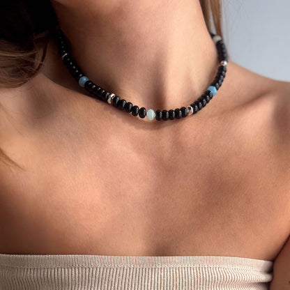 שרשרת לורן גדולה מאבני אוניקס שחור בכסף