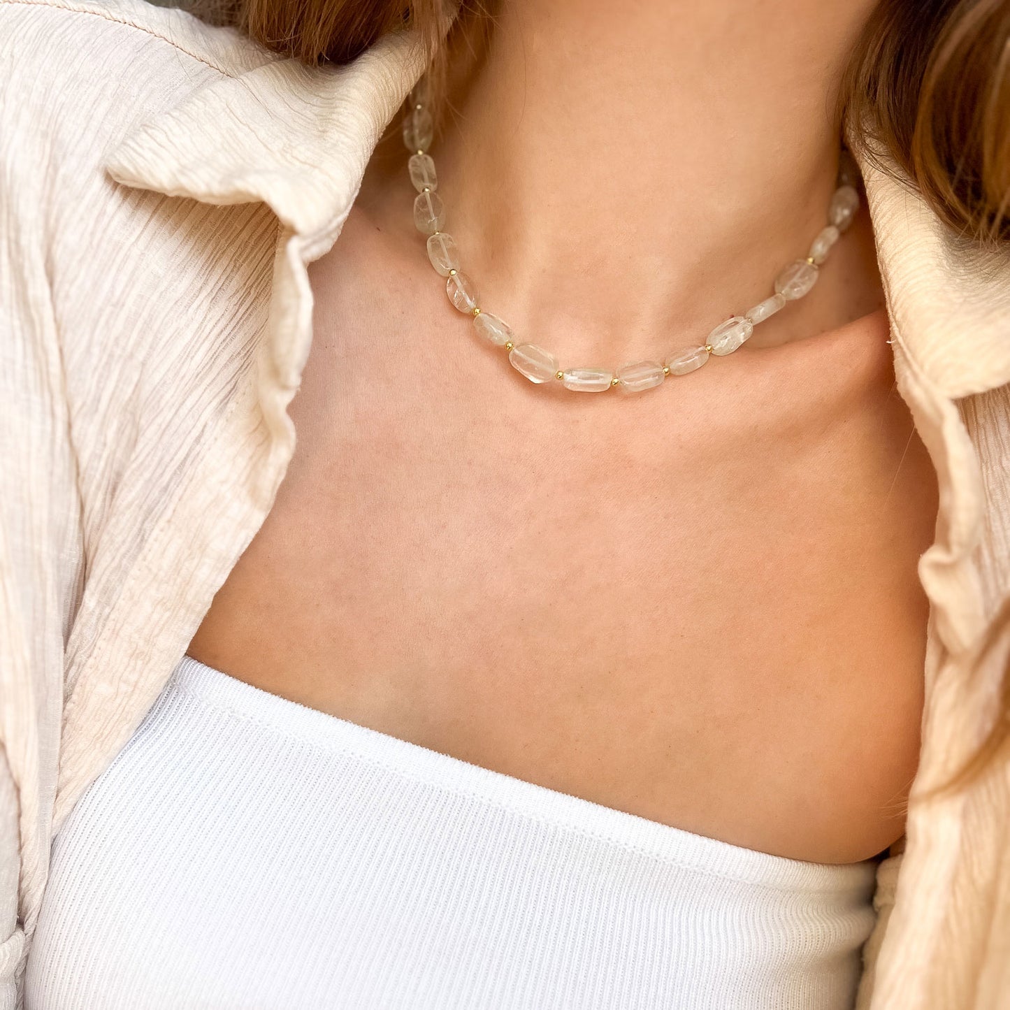 שרשרת אבני קריסטל קוורץ בגוון ירוק עדין