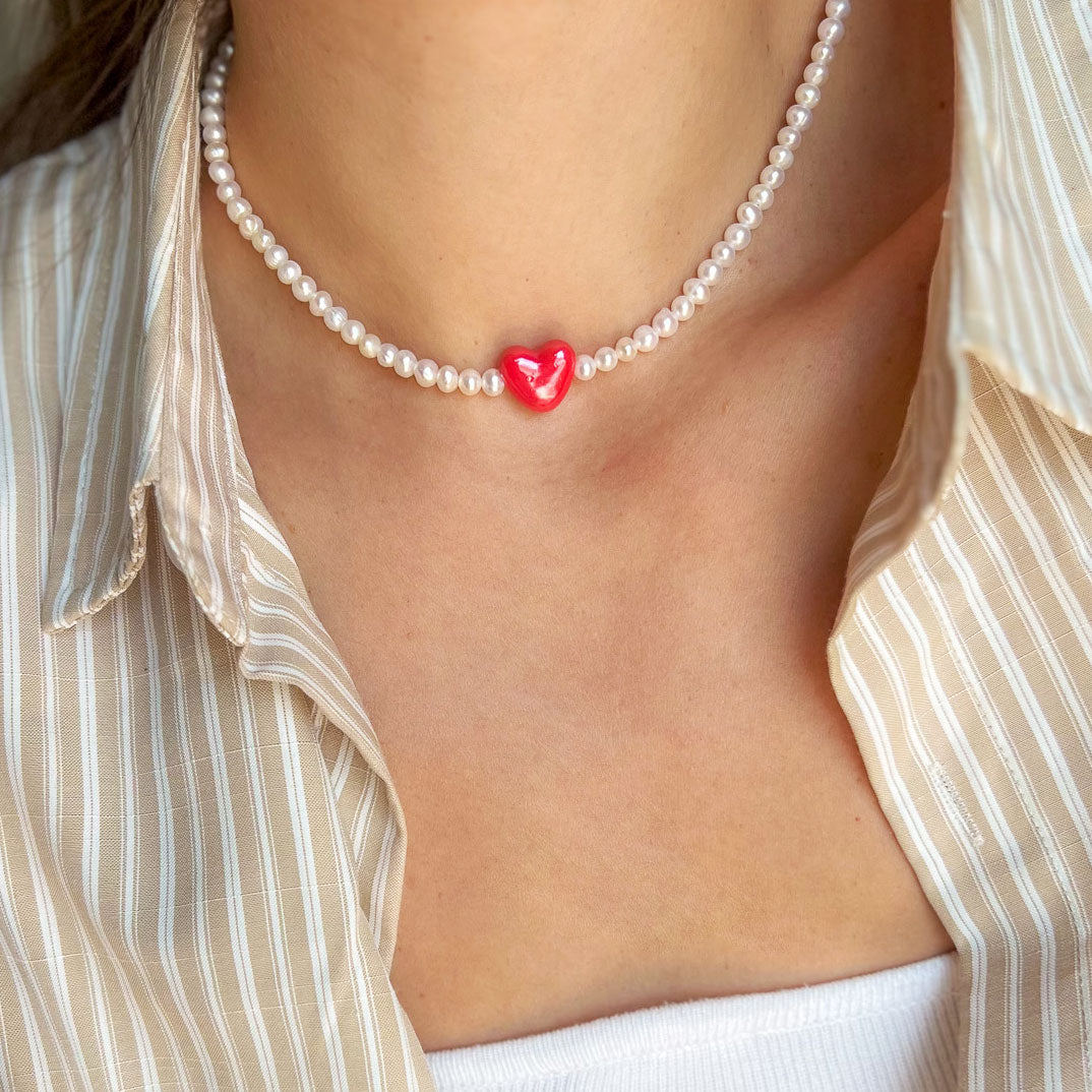 שרשרת פנינים מרי לב אדום