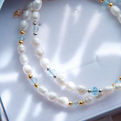 צמיד פנינים בשילוב אבני אקוומרין