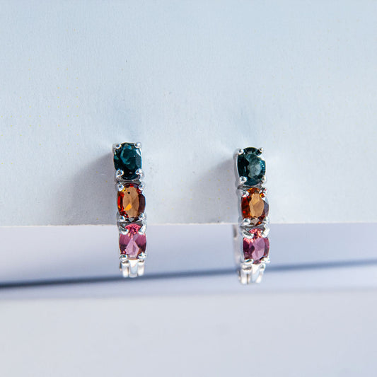 עגילי כסף "אוליב" עם אבני טורמלין צבעוניות