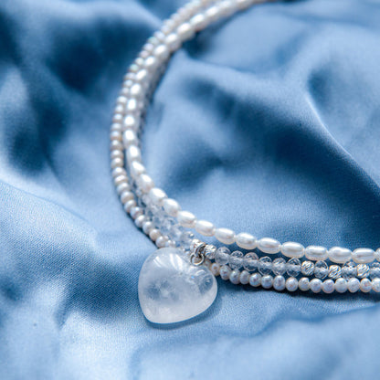 שרשרת אבני קריסטל קוורץ עדינה עם תליון לב