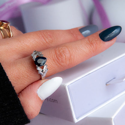 טבעת כסף פלורה עם אבן ספיר  & זירקונים