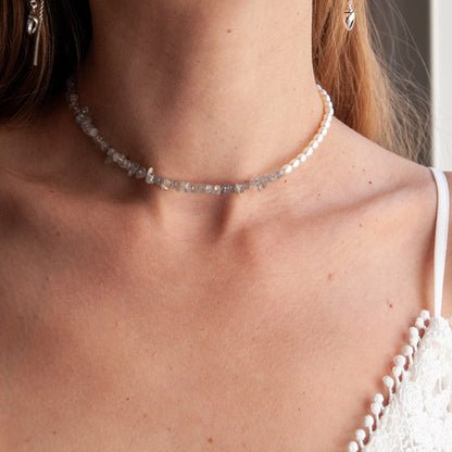 שרשרת לונה  חצי חצי פנינים ולברדורייט